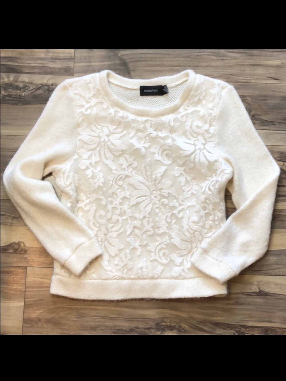 MINKPINK White Wool‑Blend Knit Sweater – Lace Front Detail | Size XS